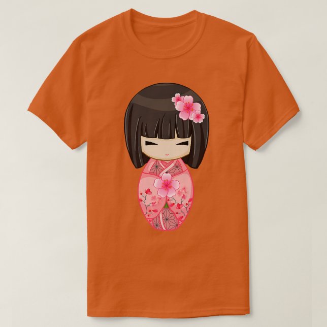 Camiseta Cherry Blossom Geisha Japonês Kokeshi Doll (Frente do Design)