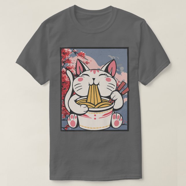 Camiseta Cherry Blossom Ramen Cat Kawaii (Frente do Design)