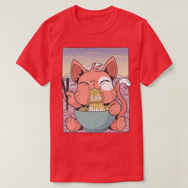 Camiseta Cherry Blossom Ramen Cat Kawaii (Frente do Design)