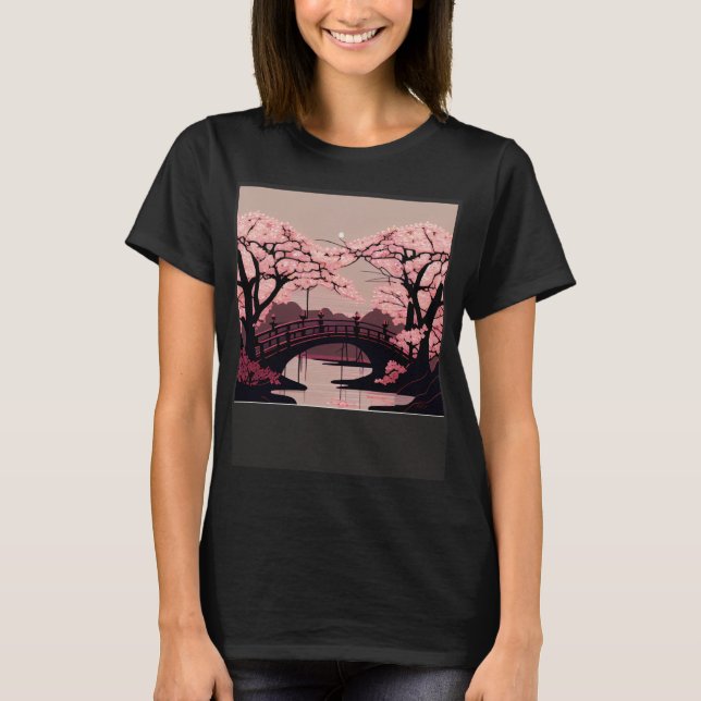 Camiseta Cherry Blossom River e Bridge Trabalho de arte Stu (Frente)