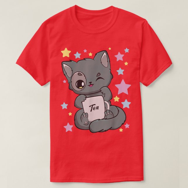Camiseta Chibi Anime Cat Bebendo a Boba Tea Kawaii Neko Fa (Frente do Design)