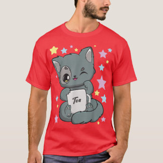 Camiseta Chibi Anime Cat Bebendo a Boba Tea Kawaii Neko Fa