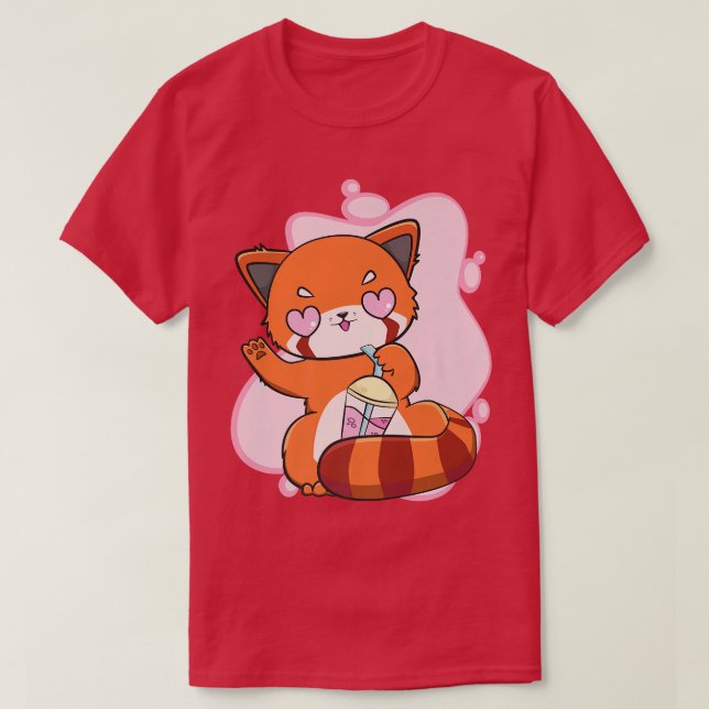 Camiseta Chibi Red Panda Com Boba Tea Bubble Otaku Cute An (Frente do Design)