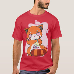 Camiseta Chibi Red Panda Com Boba Tea Bubble Otaku Cute An
