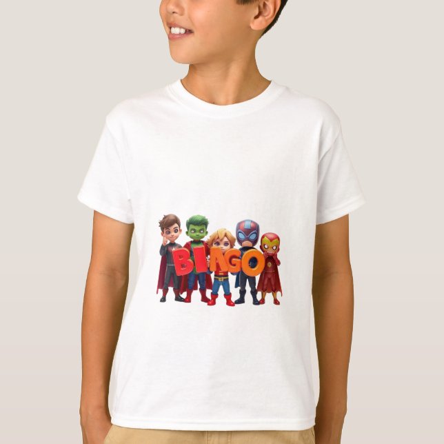 Camiseta Chibi Superheróis Ortografia "BINGO" (Frente)
