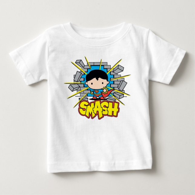 Camiseta Chibi Superman Smashing Através da Parede de tijol (Frente)