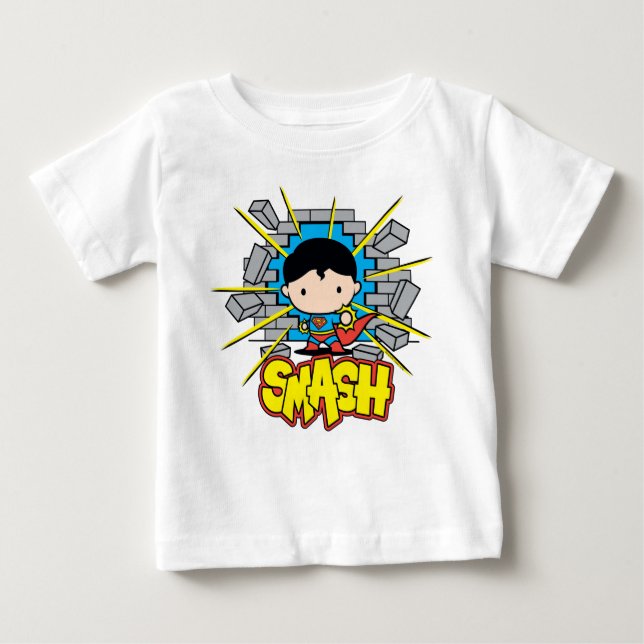 Camiseta Chibi Superman Smashing Através da Parede de tijol (Frente)