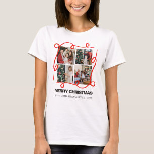 Camiseta Chic 4 Colagem de Fotos Fita Vermelha Feliz Natal