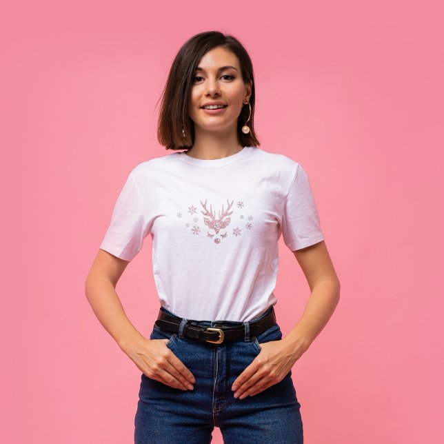 Camiseta Chic Cute Girly Pink Flocos de Neve Reindeer Natal (Criador carregado)