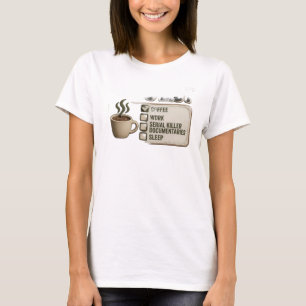 Camiseta Chic Gold CAFÉ TRABALHO VERDADEIRO CRIME Declaraçã