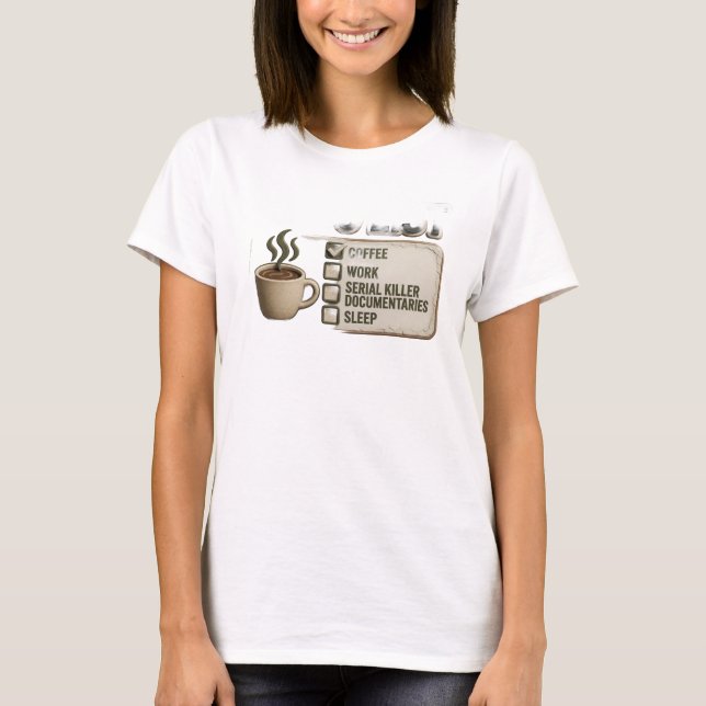Camiseta Chic Gold CAFÉ TRABALHO VERDADEIRO CRIME Declaraçã (Frente)