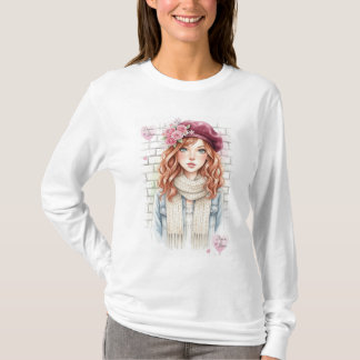 Camiseta Chic Parisian Style Beret Girl Floral Fashion Tee