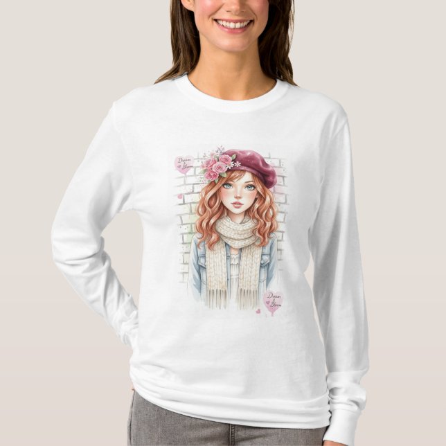 Camiseta Chic Parisian Style Beret Girl Floral Fashion Tee (Frente)