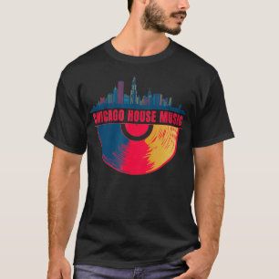 Camiseta Chicago House Music Vinyl Dj Raver Flag Skyline