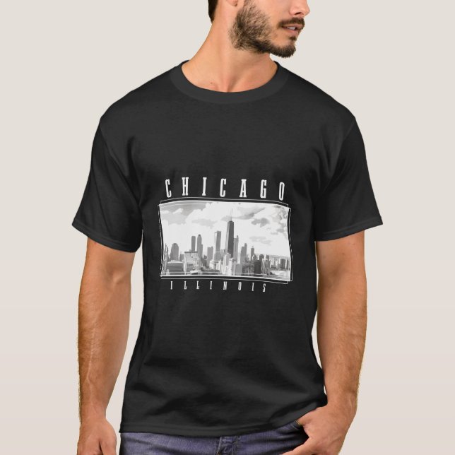 Camiseta Chicago Illinois Skyline Pride Black White Chicago (Frente)