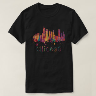 Camiseta Chicago Skyline Cityscape Watercolor Chicago Flag