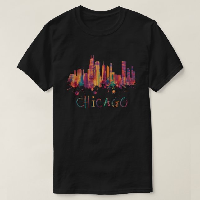 Camiseta Chicago Skyline Cityscape Watercolor Chicago Flag (Frente do Design)