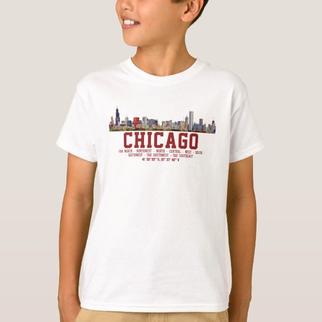 Camiseta Chicago Skyline. Nomes e coordenadas de área (Frente)