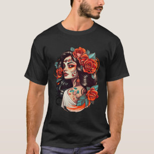 Camiseta Chicano Girl Mexico Flores Bonito Morte
