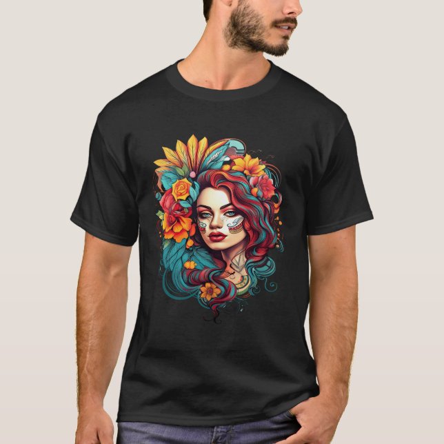 Camiseta Chicano Girl Mexico Flores Bonito Morte (Frente)