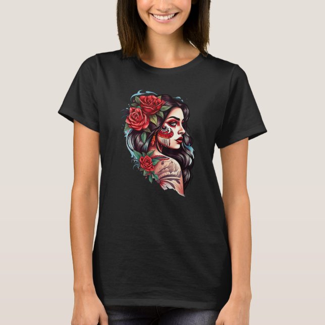 Camiseta Chicano Girl Mexico Flowers Death Pretty (Frente)