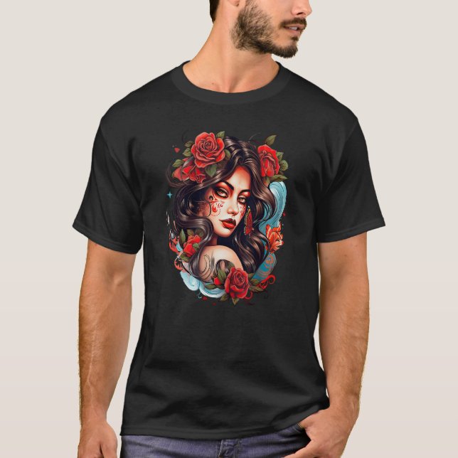 Camiseta Chicano Girl Mexico Flowers Death Pretty 14 (Frente)