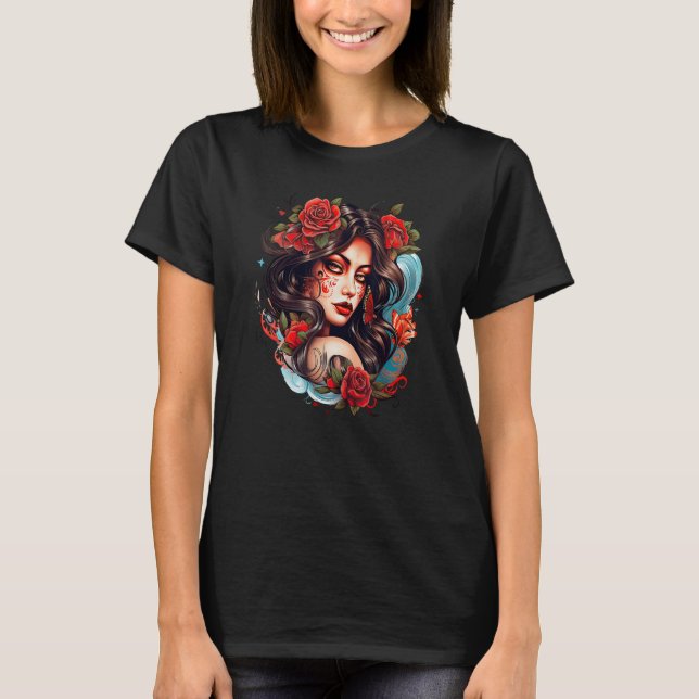 Camiseta Chicano Girl Mexico Flowers Death Pretty 14 (Frente)