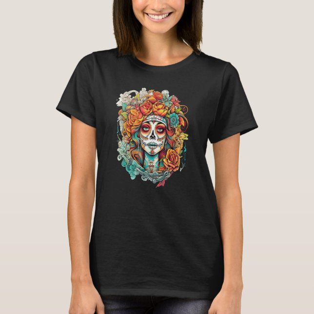 Camiseta Chicano Girl Mexico Flowers Death Pretty 2 (Frente)