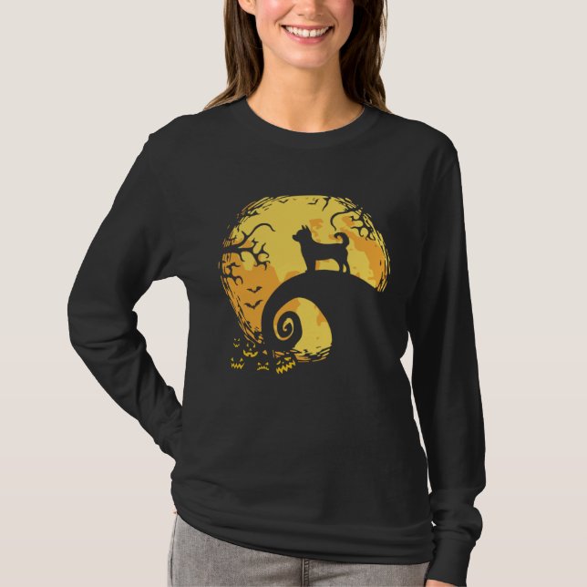 Camiseta Chihuahua and Moon Silhouette Dog  Halloween (Frente)