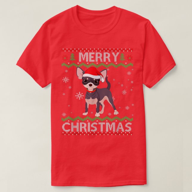 Camiseta Chihuahua Cachorro Feliz Natal Suor Engraçado Xmas (Frente do Design)