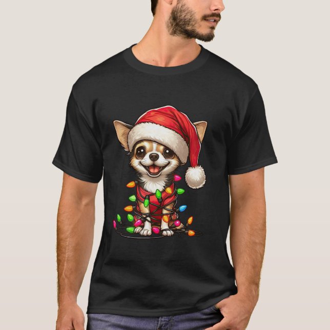 Camiseta Chihuahua Cachorro Natal Luz Papai Noel Garota (Frente)