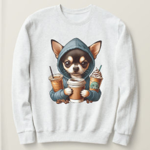 Camiseta Chihuahua em camisola caseira segurando café