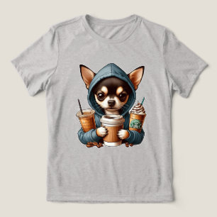 Camiseta Chihuahua em camisola caseira segurando café
