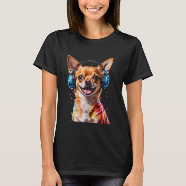 Camiseta Chihuahua Fones de ouvido Cachorro Engraçado Impre (Frente)