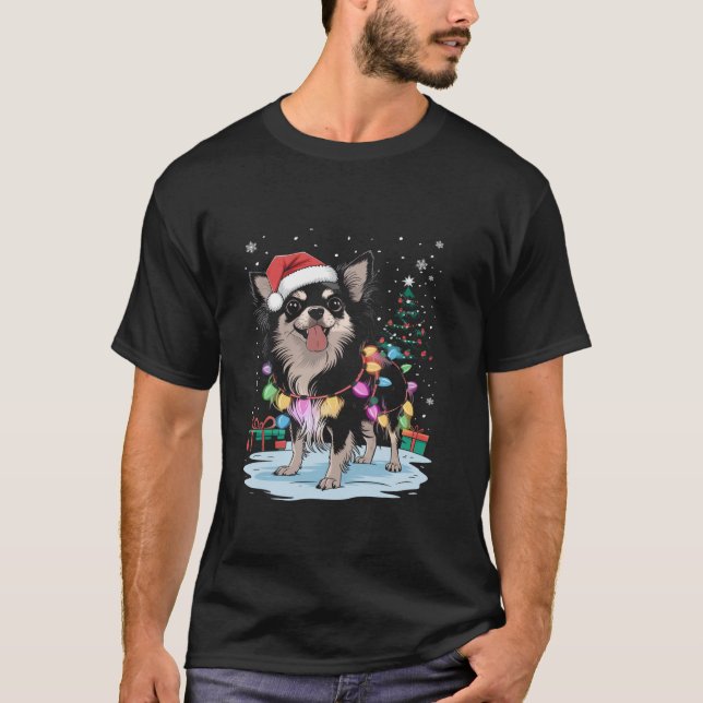 Camiseta Chihuahua Long Haired Cachorro Natal Pai de Natal  (Frente)