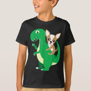Camiseta Chihuahua Montando Dinossauro T-Rex Dino Cachorro 