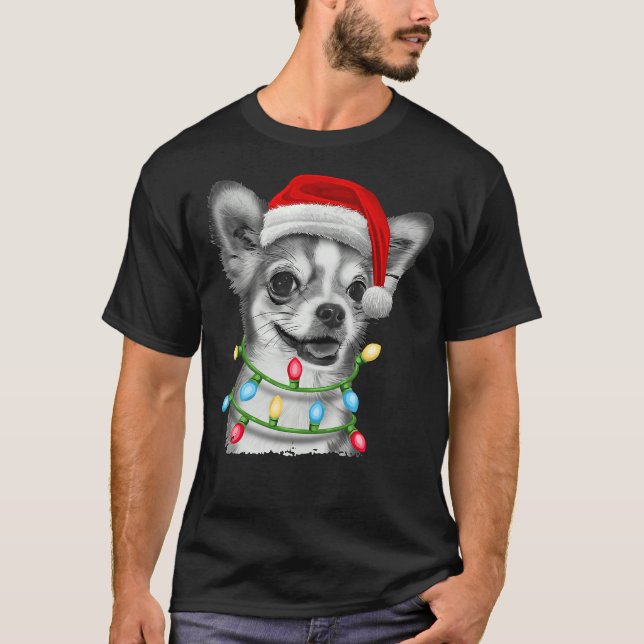 Camiseta Chihuahua Papai noel Árvore de Natal Luzes de Nata (Frente)