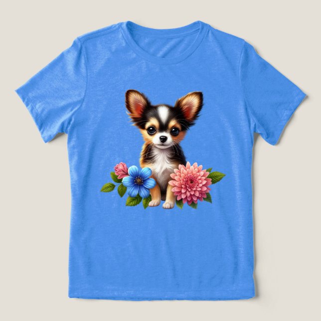 Camiseta Chihuahua Puppy com flores decorativas (Design frontal)