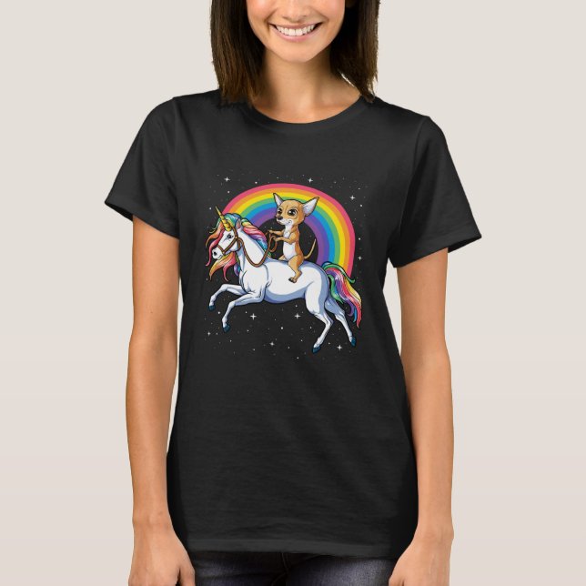 Camiseta Chihuahua Riding Unicorn Girls Kids Rainbow  Galax (Frente)