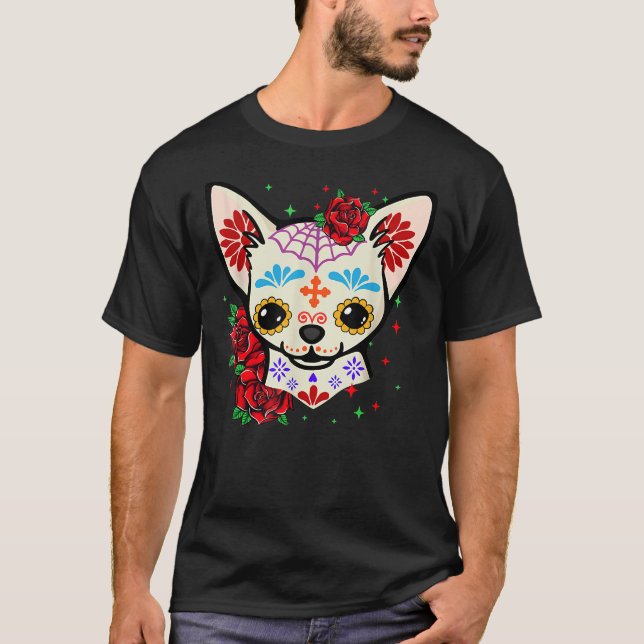 Camiseta Chihuahua Skulls Day Of The Dead Sugar Skull Dog H (Frente)