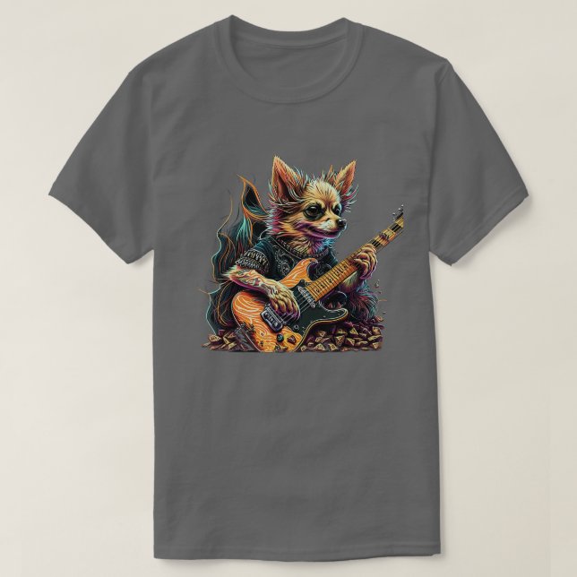 Camiseta Chihuahua tocando guitarra elétrica (Frente do Design)