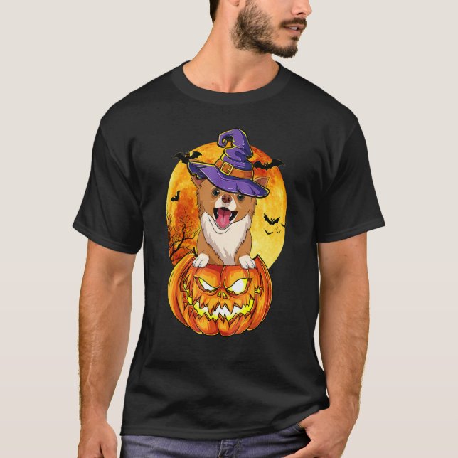 Camiseta Chihuahua Witch Pumpkin Halloween Dog (Frente)