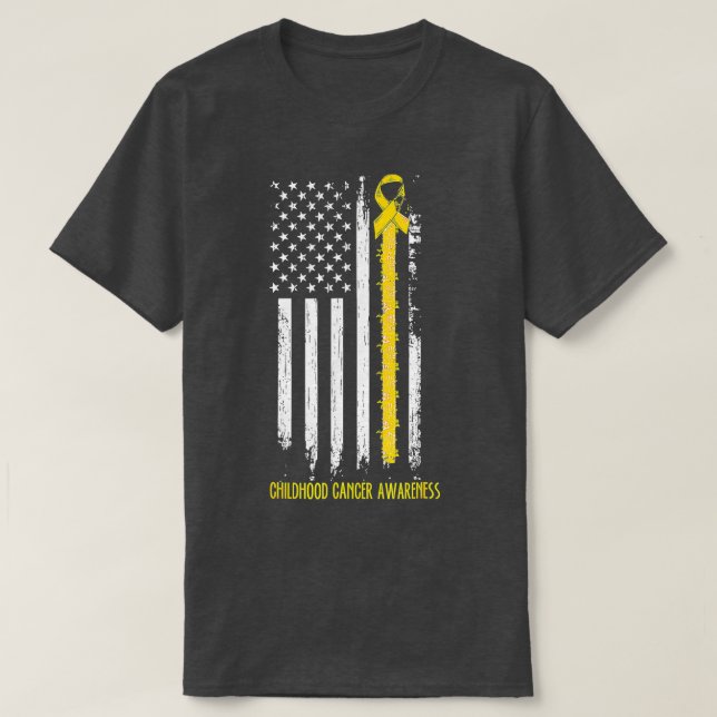 Camiseta Childhood Cancer Awareness America Flag Gold Ribbo (Frente do Design)