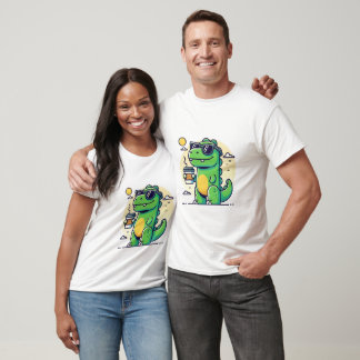 Camiseta Chill Dino Vibes – T-Rex com café e óculos de sol