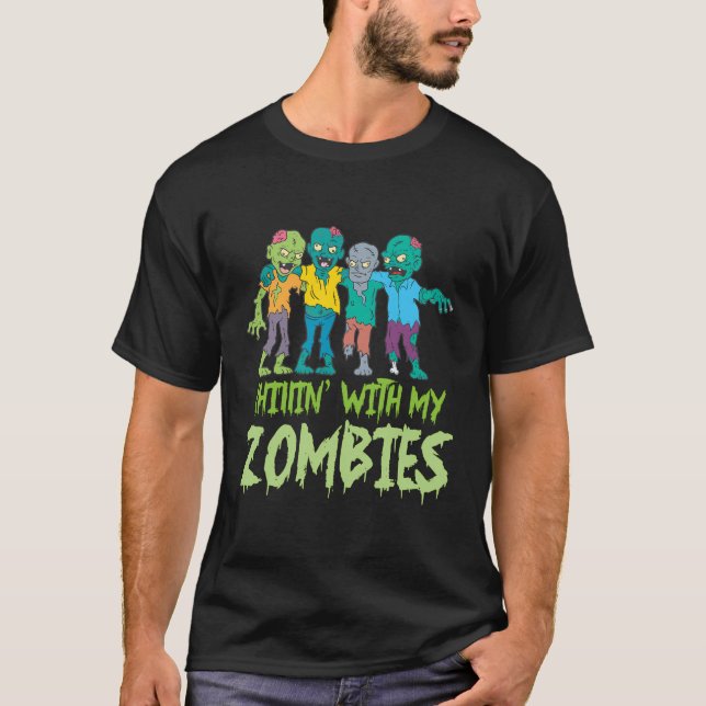 Camiseta Chillando Com Meus Zombies Halloween Crianças Engr (Frente)