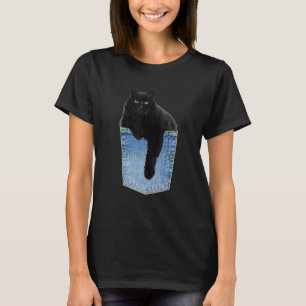 Camiseta Chillin Black Cat In Denim Jean Pocket Pet