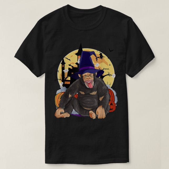 Camiseta Chimpanzé Cute Halloween Pumpkin (Frente do Design)
