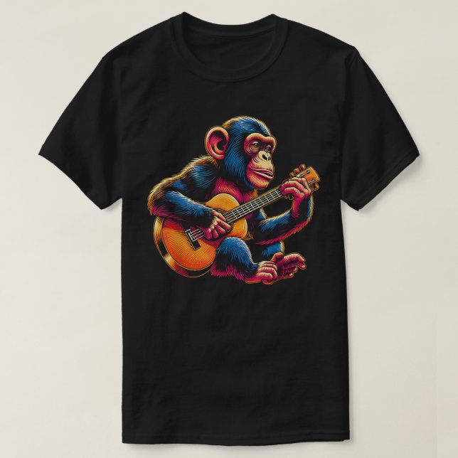 Camiseta Chimpanzé Tocando Violão Chimpanzé Macaco Guitarri (Frente do Design)