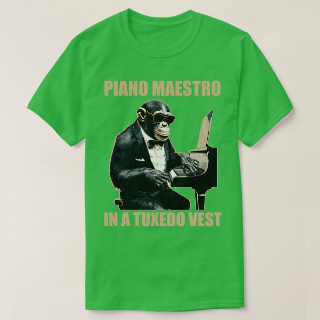 Camiseta Chimpanzee Chimp Piano Maestro Em Tuxedo Vest Fu (Frente do Design)