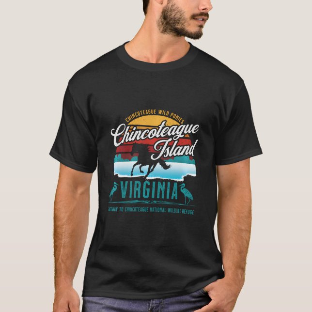 Camiseta Chincoteague Island Virginia Wild Ponies Retro Sun (Frente)